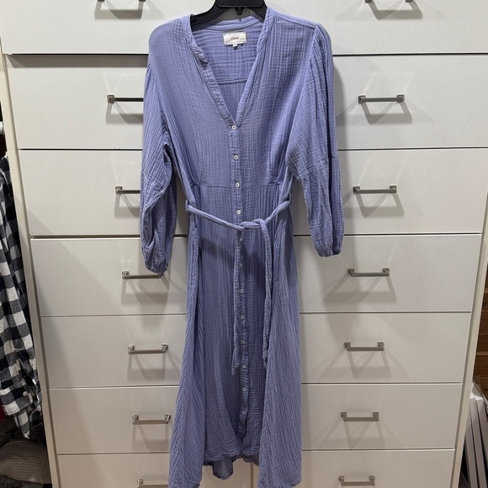 XiRENA Selene Midi Dress Purple Cotton Gauze Button Front Tie Waist M